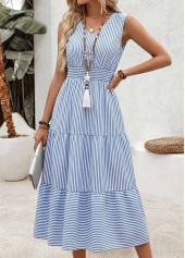 Light Blue Striped Smocked Sleeveless V Neck Dress | thumb picture 