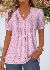 Dusty Purple Floral Print Frill Short Sleeve T Shirt