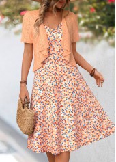 Orange Ditsy Floral Print Two-piece Dress and Cardigan