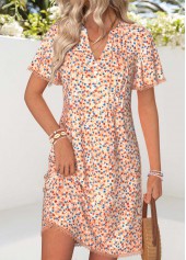 Orange Ditsy Floral Print Short Tuck Stitch Dress | thumb picture 