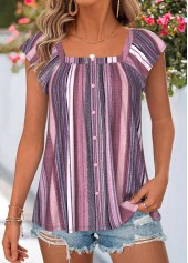 Purple Geometric Print Curved Hem Short Sleeve Blouse