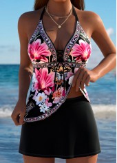 Black Mid Waisted Lace Up Floral Print Tankini Set
