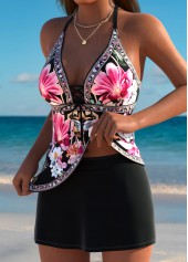 Black Mid Waisted Lace Up Floral Print Tankini Set | thumb picture 