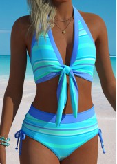 Blue Mid Waisted Ruched Striped Bikini Set