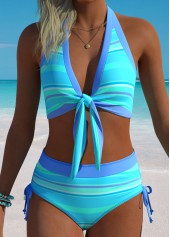 Blue Mid Waisted Ruched Striped Bikini Set | thumb picture 