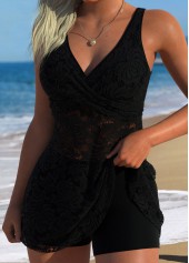 Black Patchwork Mid Waisted Tankini Set