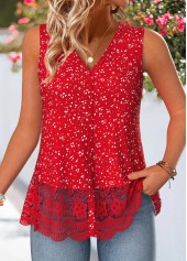 Red Polka Dot Lace Trim Sleeveless Tank Top