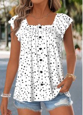 Raw White Polka Dot Curved Hem Short Sleeve Blouse