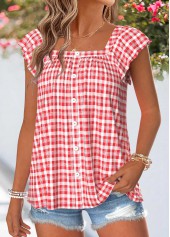 Red Plaid Curved Hem Short Sleeve Square Neck Blouse | thumb picture 
