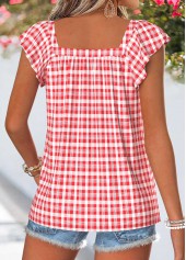 Red Plaid Curved Hem Short Sleeve Square Neck Blouse | thumb picture 