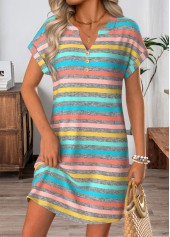 Multi Color Short Button Split Neck Dress