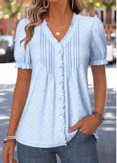 Light Blue Frill Short Sleeve V Neck T Shirt