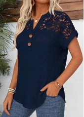 Navy Tummy Coverage Short Sleeve Split Neck Blouse | thumb picture 