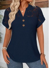 Navy Tummy Coverage Short Sleeve Split Neck Blouse | thumb picture 