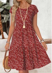 Red Ditsy Floral Print Shirred Short Sleeve Dress