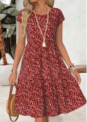 Red Ditsy Floral Print Shirred Short Sleeve Dress | thumb picture 