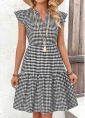 Black Gingham Print Short Ruffle Split Neck Dress