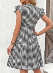 Black Gingham Print Short Ruffle Split Neck Dress | thumb picture 