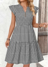 Black Gingham Print Short Ruffle Split Neck Dress | thumb picture 