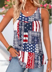 American Flag Navy Tribal Print Curved Hem Tank Top
