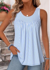 Blue Striped Curved Hem Sleeveless Scoop Neck Tank Top