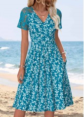 Peacock Blue Ditsy Floral Print Patchwork Short Sleeve Dress