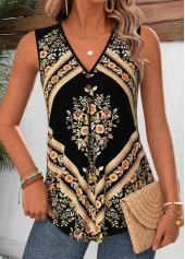 Black Tribal Print Pleated Sleeveless V Neck Tank Top