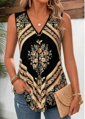 Black Tribal Print Pleated Sleeveless V Neck Tank Top | thumb picture 