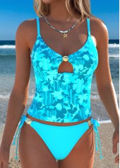 Cyan Mid Waisted Lace Up Floral Print Tankini Set