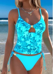 Cyan Mid Waisted Lace Up Floral Print Tankini Set | thumb picture 