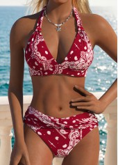 Wine Red Mid Waisted Patchwork Tribal Print Bikini Set
