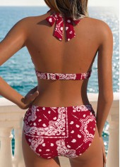 Wine Red Mid Waisted Patchwork Tribal Print Bikini Set | thumb picture 