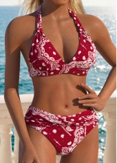 Wine Red Mid Waisted Patchwork Tribal Print Bikini Set | thumb picture 