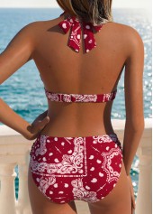 Wine Red Mid Waisted Patchwork Tribal Print Bikini Set | thumb picture 