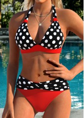 Red Mid Waisted Patchwork Polka Dot Bikini Set | thumb picture 