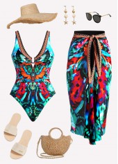 Multi Color Grommet Leopard One Piece Swimwear and Sarong
