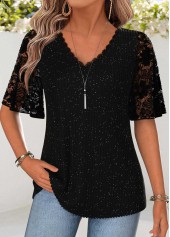 Black Curved Hem Half Sleeve V Neck T Shirt