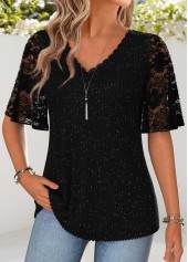 Black Curved Hem Half Sleeve V Neck T Shirt | thumb picture 