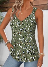 Olive Green Geometric Print Curved Hem Sleeveless Tank Top | thumb picture 
