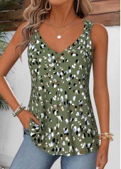 Olive Green Geometric Print Curved Hem Sleeveless Tank Top