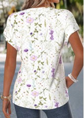 Raw White Floral Print Curved Hem Short Sleeve Blouse | thumb picture 