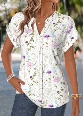Raw White Floral Print Curved Hem Short Sleeve Blouse | thumb picture 