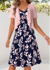 Pink Leaf Print Tummy Coverage Dress and Cardigan