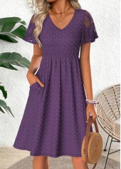Dark Purple Shirred Short Sleeve V Neck Dress