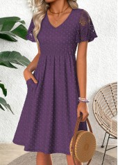 Dark Purple Shirred Short Sleeve V Neck Dress | thumb picture 