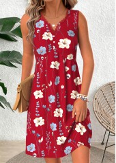 Red Floral Print Short Tummy Coverage Sleeveless Dress