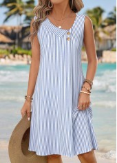 Blue Striped Asymmetry Sleeveless Asymmetrical Neck Dress