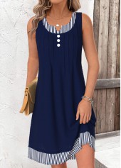 Navy Striped Short Fake 2in1 Sleeveless Split Neck Dress