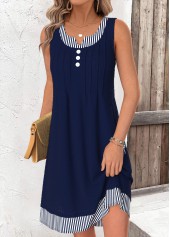 Navy Striped Short Fake 2in1 Sleeveless Split Neck Dress | thumb picture 