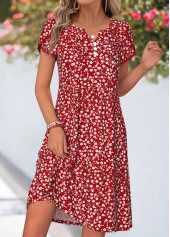 Red Ditsy Floral Print Short Tuck Stitch Dress | thumb picture 